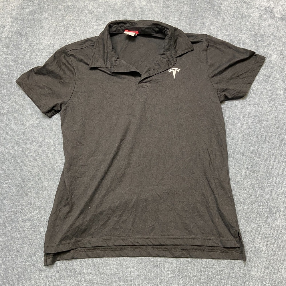 Tesla Polo Shirt Mens MD Black High Low Slit Embroidered Logo Collared Pullover